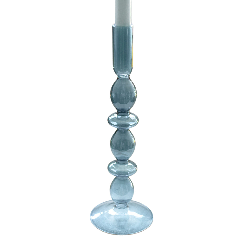Azure Blue Candle Holder - Close up view with a white candle - Ro'Table NYC candle holder