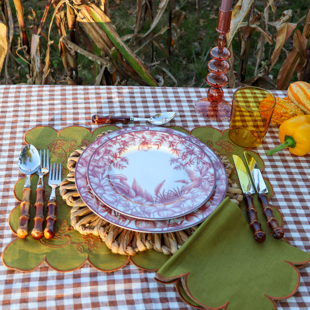 Set of Burnt Bamboo Cutlery paired with Shimla Social collection tableware for a complete place setting - Ro'Table NYC