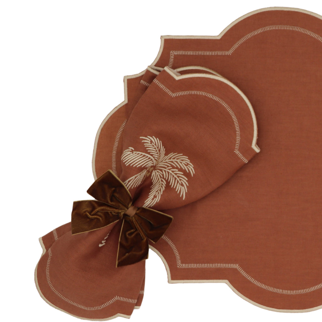 Cocoa Oasis Placemat paired with Vintage Palm collection tableware for a complete place setting - Ro'Table NYC