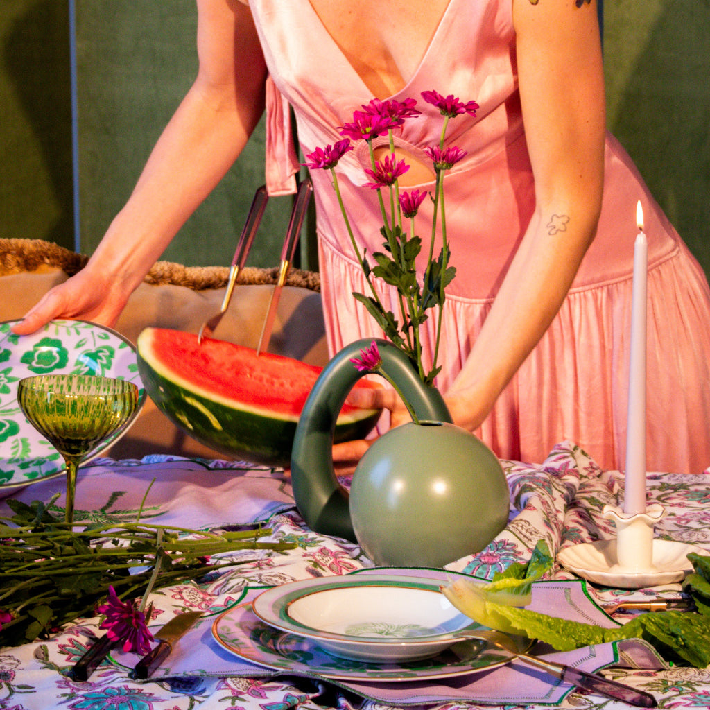 Decade Navette Vase styled on a luxury dinner table setting - Ro'Table NYC