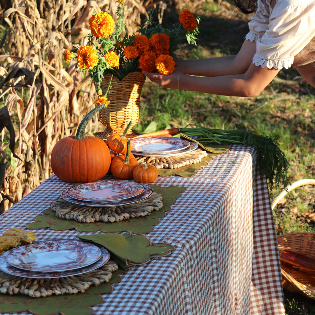 Earthen Pine Napkin paired with Shimla Social collection tableware for a complete place setting - Ro'Table NYC