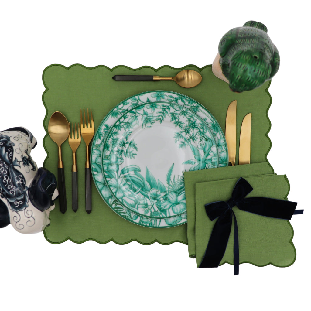 Evergreen Wave Napkin arranged with complementary tableware and decor - Ro'Table NYC