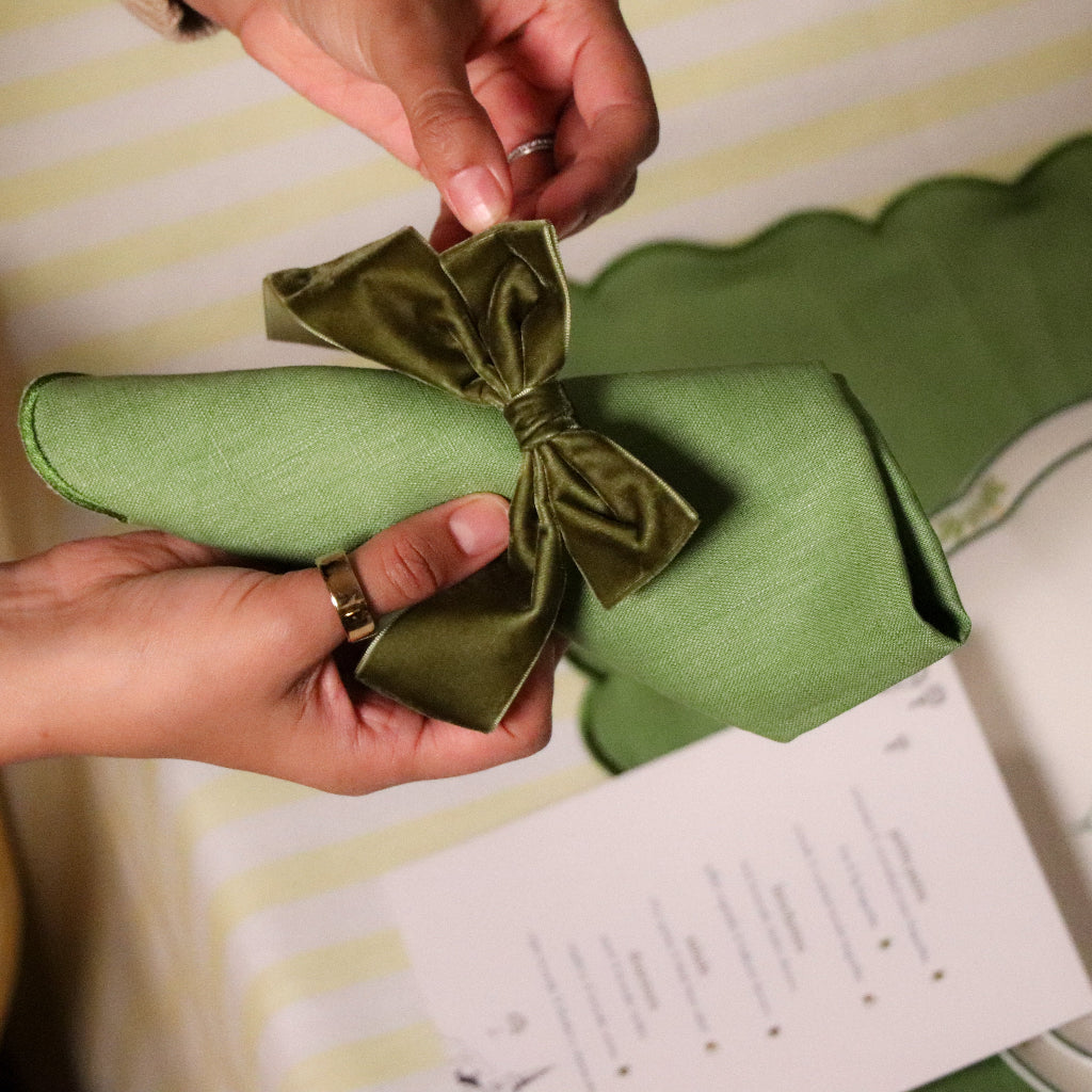 Large Forest Green Velvet Napkin Bow Tie overhead view showing luxurious velvet texture - Ro'Table NYC napkin accessory