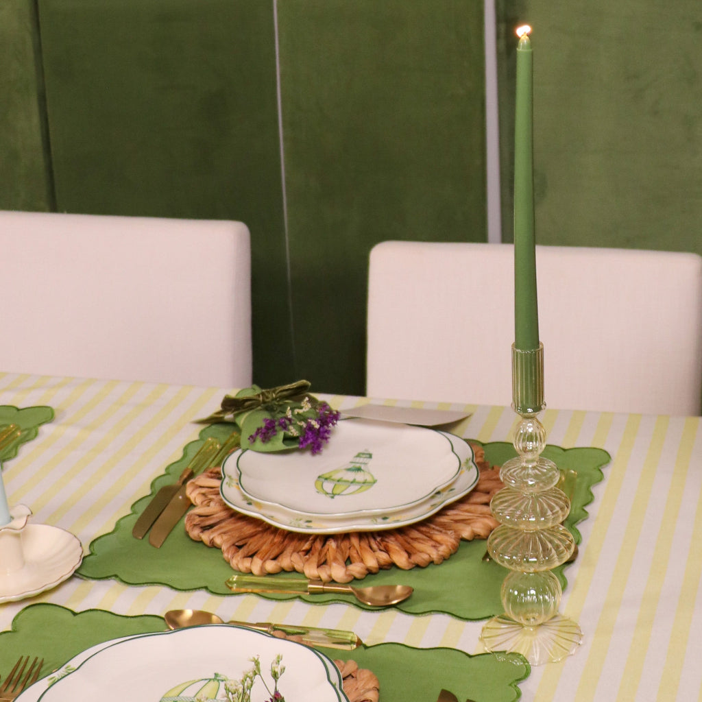 Buttercream Yellow Ribbed Candle Holder arranged with complementary tableware and decor - Ro'Table NYC