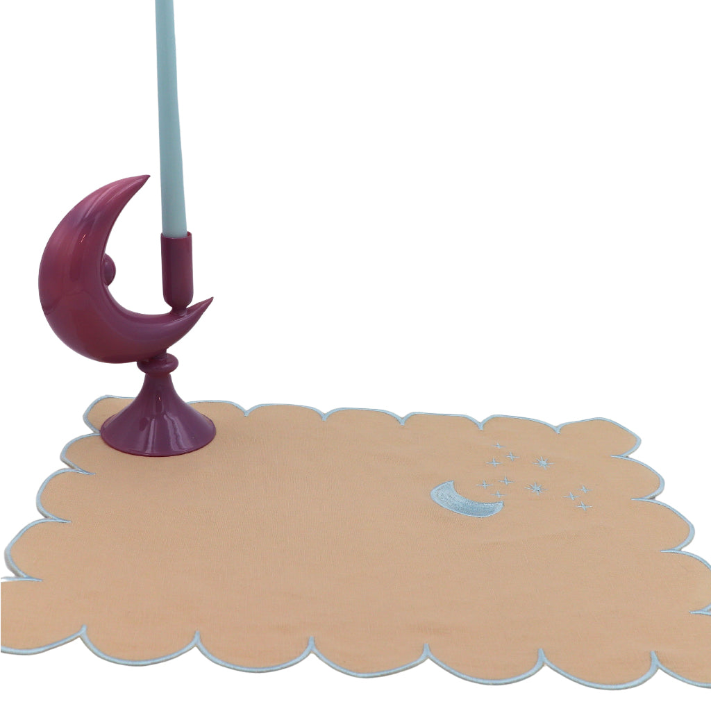 Lilac Crescent Moon Candle Holder - Pair in a warm dinner party setting with candles and flowers - Ro'Table NYC