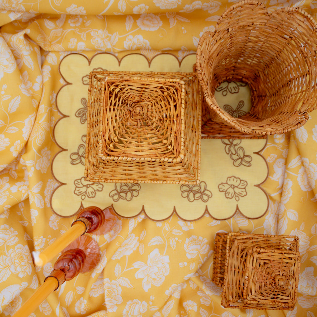 Marigold Flora Parlour Tablecloth paired with Shimla Social collection tableware for a complete place setting - Ro'Table NYC