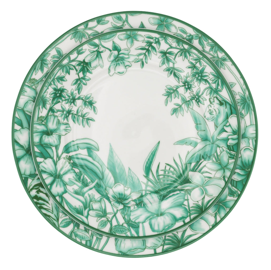 Monsoon Verdant Dinner Plate close-up showing full plate design with decorative rim - Shimla Social collection by Ro'Table NYC