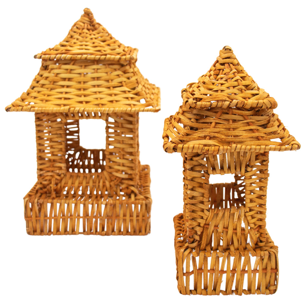 Natural Rattan Pagoda Lantern Set - 1 Large & 1 Small close-up showing artisan weaving detail - Ro'Table NYC