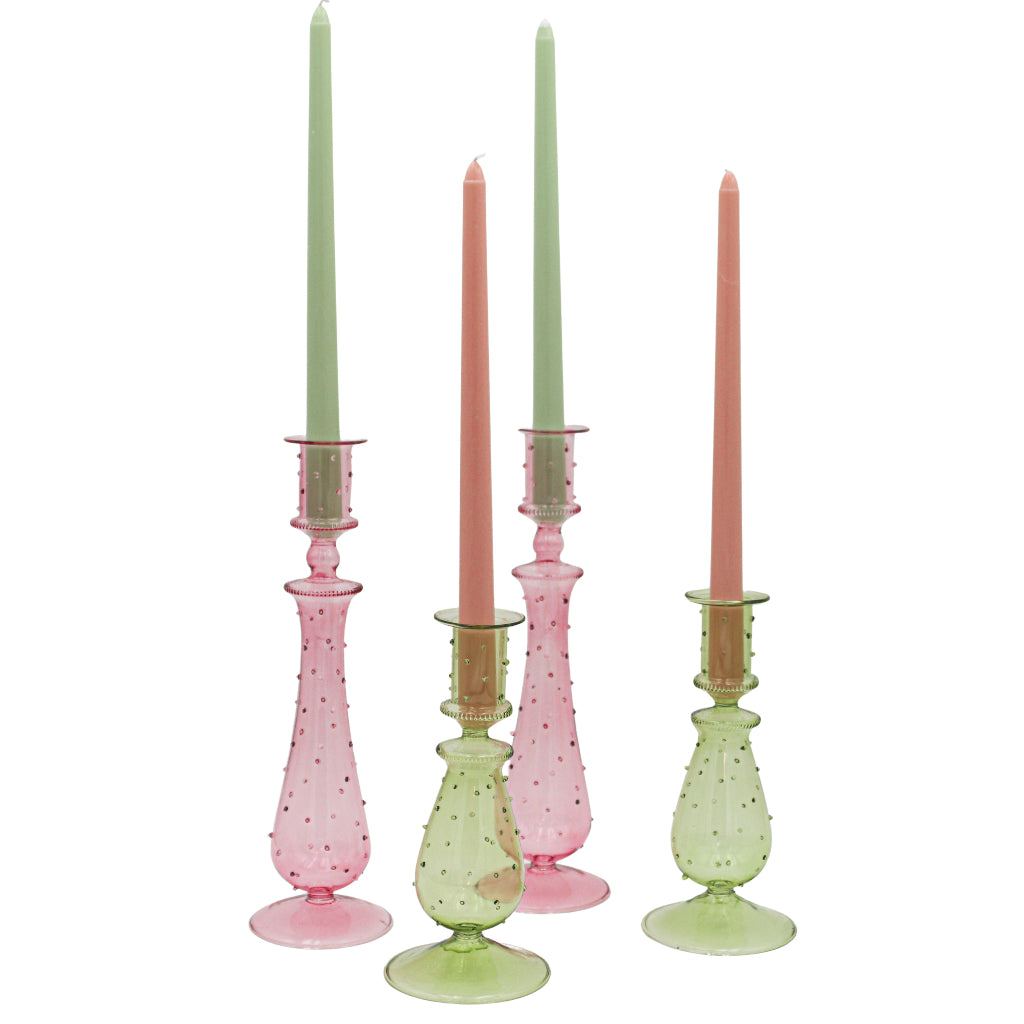 Olive Grove Dotty Candle Holder - 2 Pairs close-up with green and pink candles - Ro'Table NYC