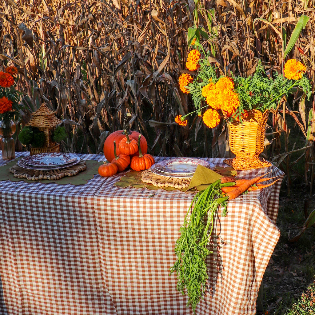 Pecan Plaid Tablecloth overhead view showing premium linen drape and print - Ro'Table NYC tablecloth