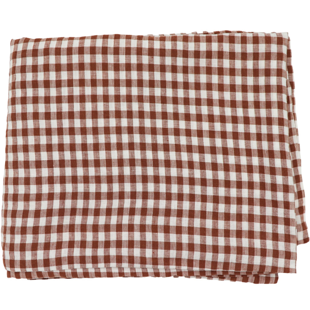 Pecan Plaid Tablecloth arranged with complementary tableware and decor - Ro'Table NYC