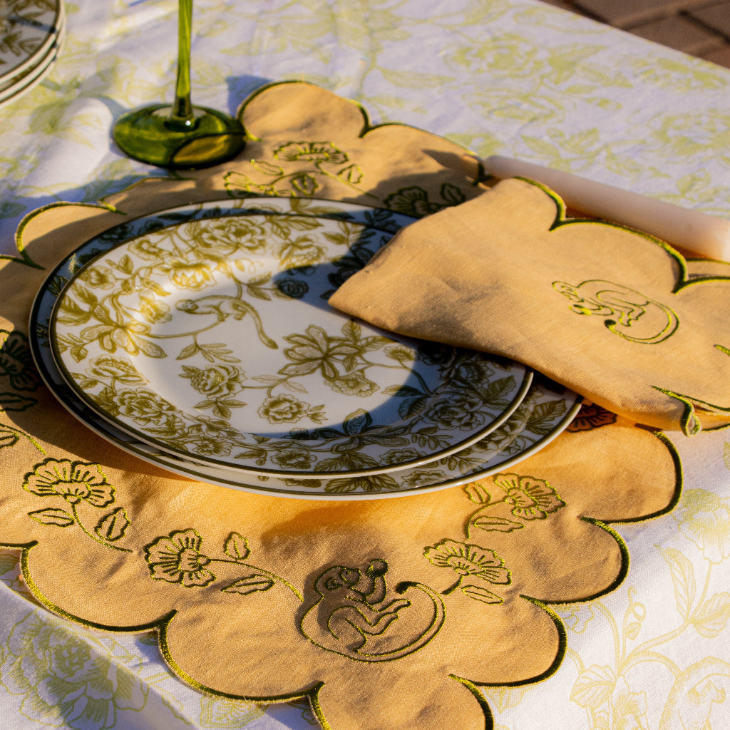 Pembroke Safari Starter Plate paired with Shimla Social collection tableware for a complete place setting - Ro'Table NYC