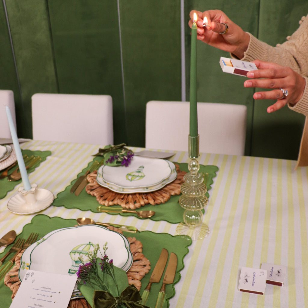 Extra Tall Pine Green Taper Candle styled on a luxury dinner table setting - Ro'Table NYC