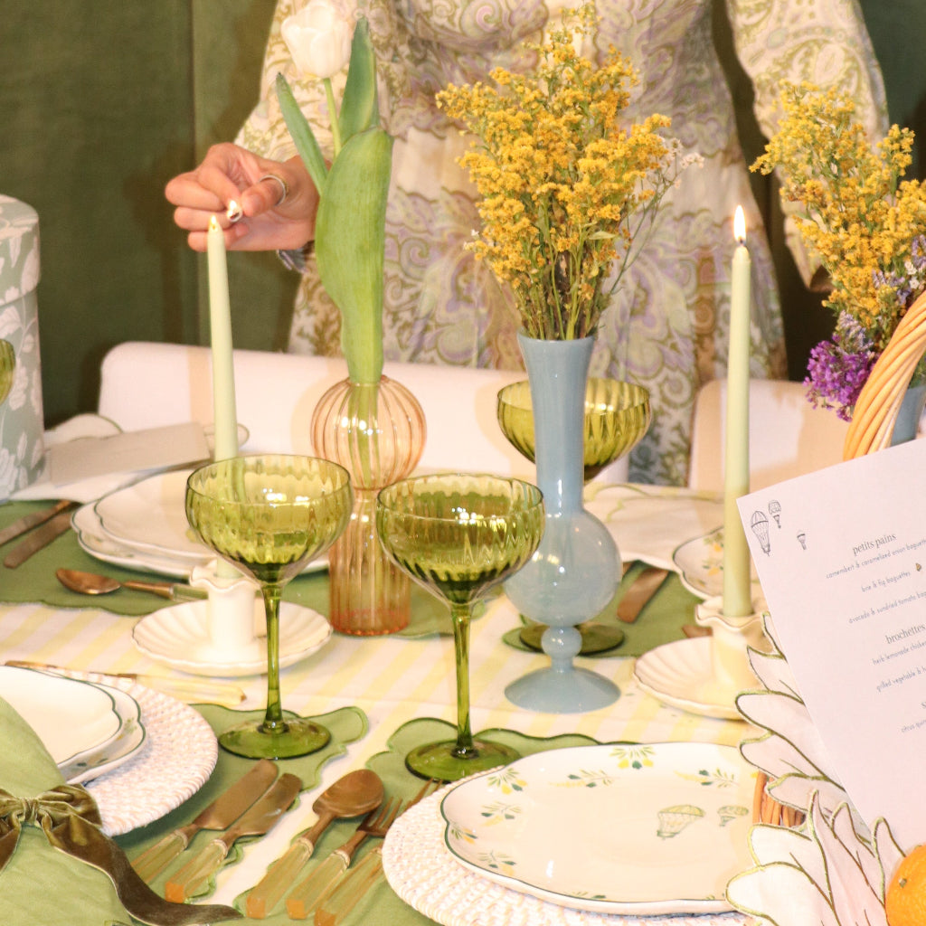 Extra Tall Pistachio Cream Taper Candle overhead view showing hand-finished texture and shape - Ro'Table NYC candle