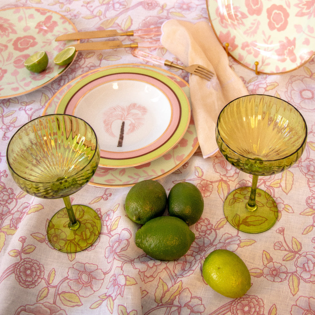 Sage Ribbed Coupe - Pair - Sage Ribbed Coupes on an elegant table setting with limes and hints of pink and yellow - Ro'Table NYC