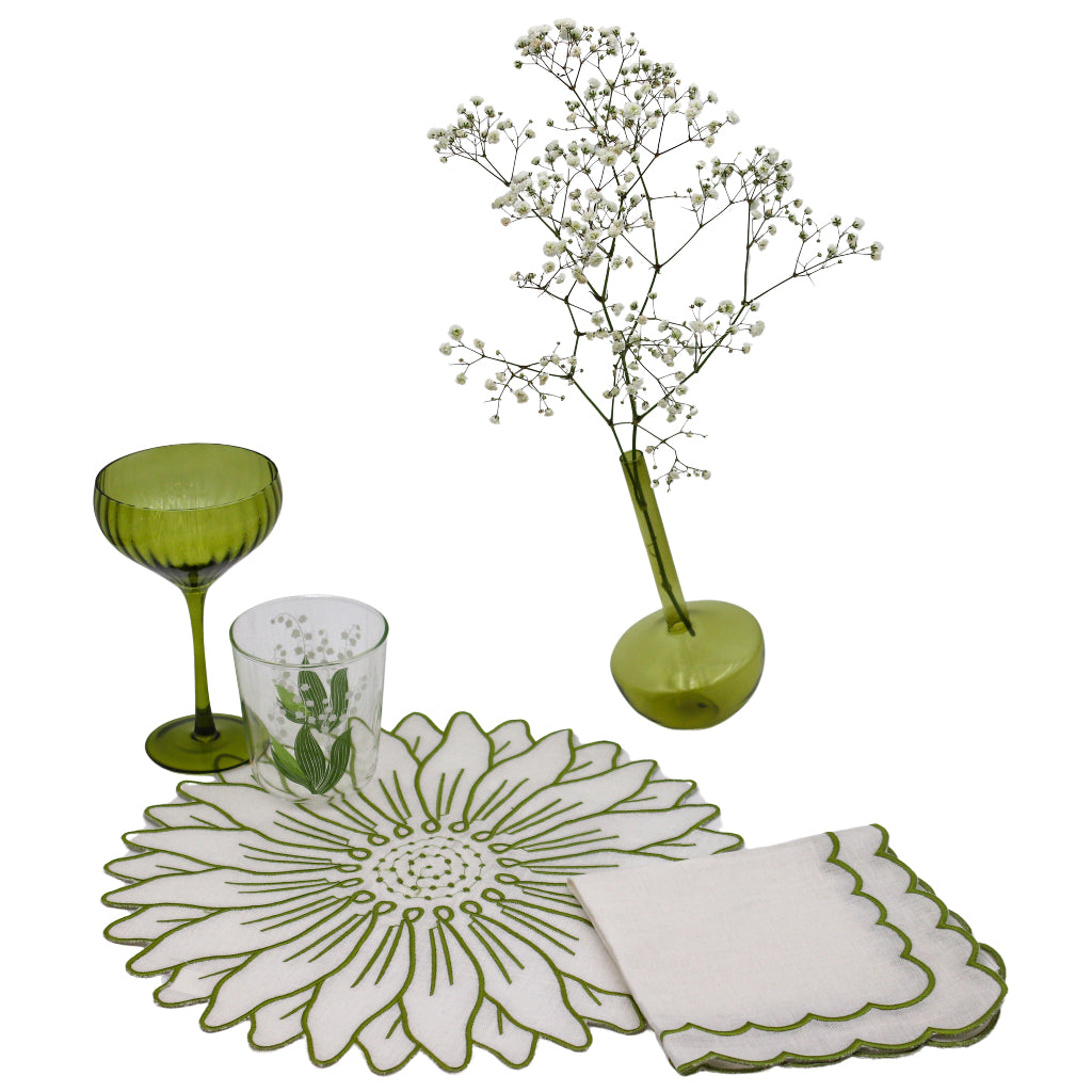 Sage Ribbed Coupe - Set with other Ro'Table table items including a glass, a bud vase, placemat and napkins in green and white - premium champagne coupe by Ro'Table NYC