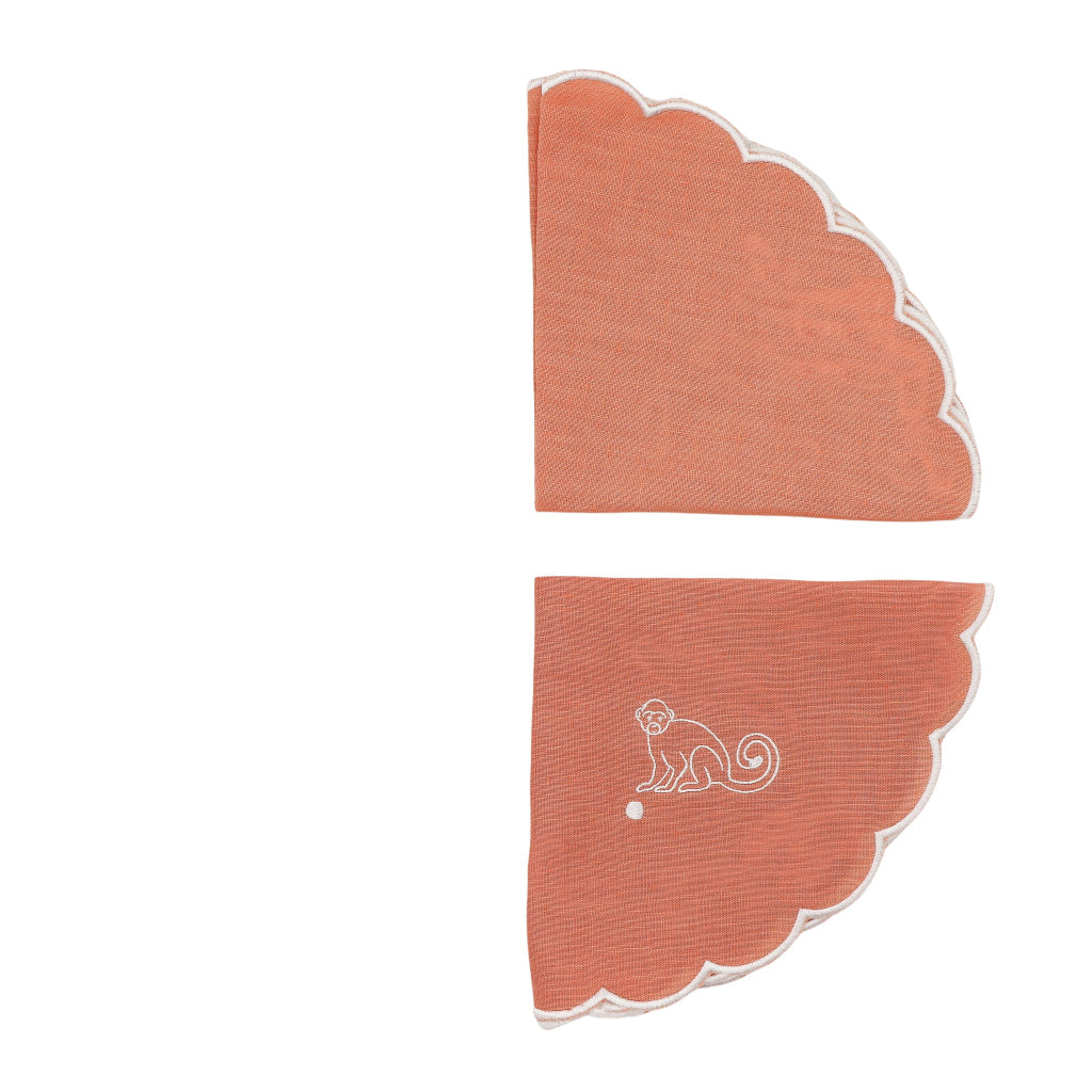 Salmon Sunset Simia Napkin overhead view showing hand-printed pattern detail - Ro'Table NYC napkin