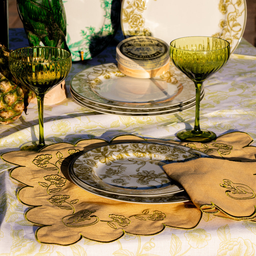 Sunlit Moss Placemat styled in a curated Shimla Social collection tablescape - Ro'Table NYC