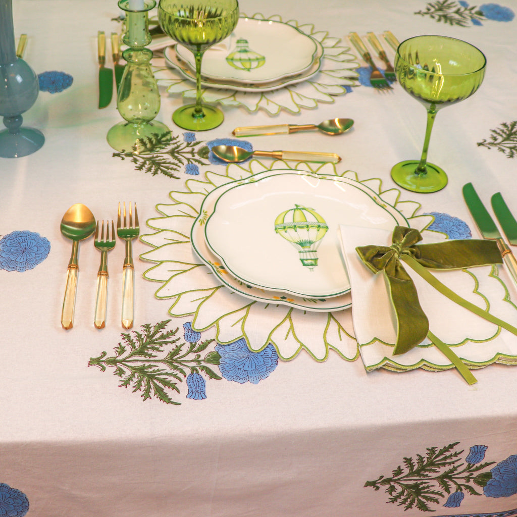 100% Organic Cotton - Toile de Blu Hortensia Tablecloth close-up showing artisan textile design - Cedric & Luca collection by Ro'Table NYC