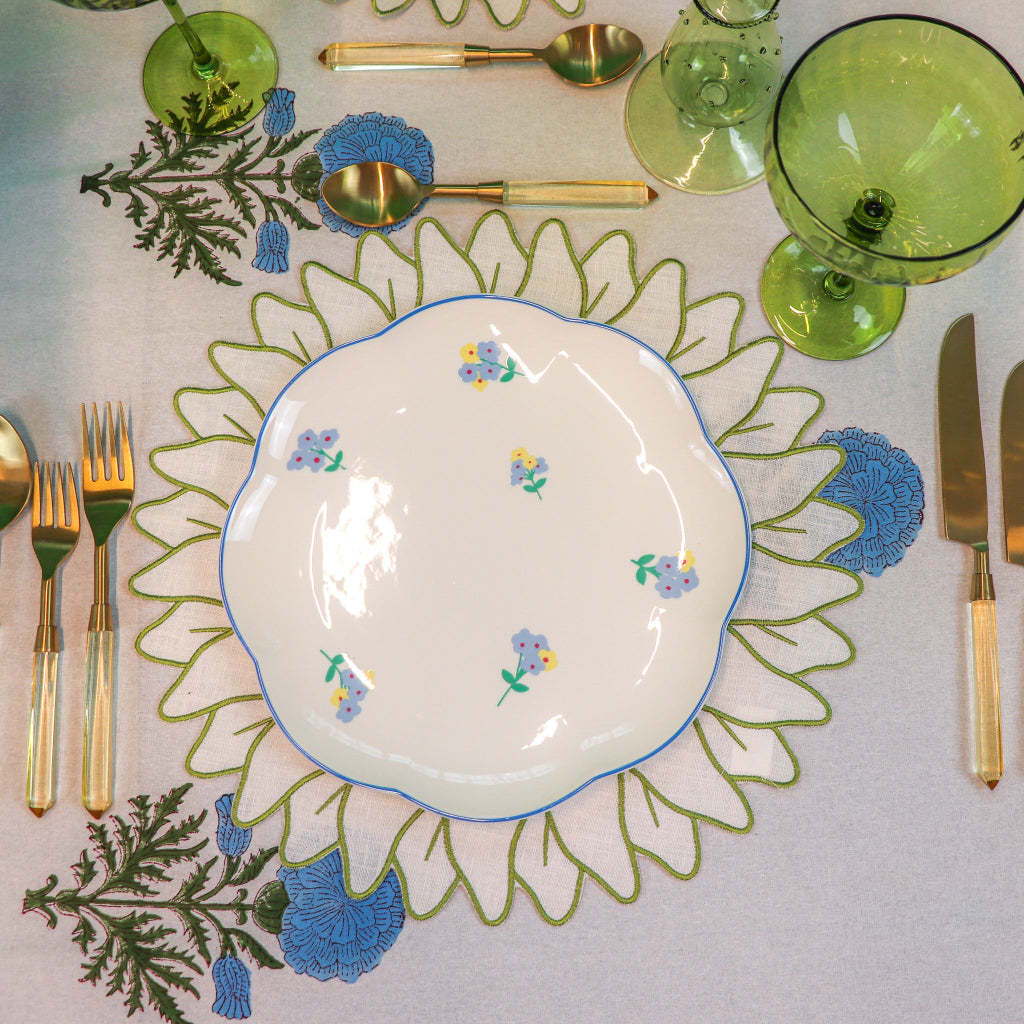 100% Organic Cotton - Toile de Blu Hortensia Tablecloth overhead view showing premium linen drape and print - Ro'Table NYC tablecloth