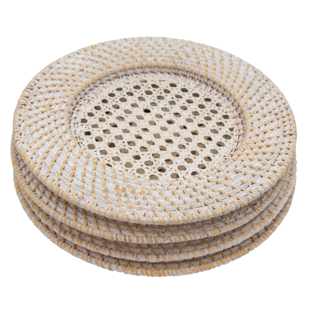 White Rattan Charger close-up showing premium linen weave - Ro'Table NYC