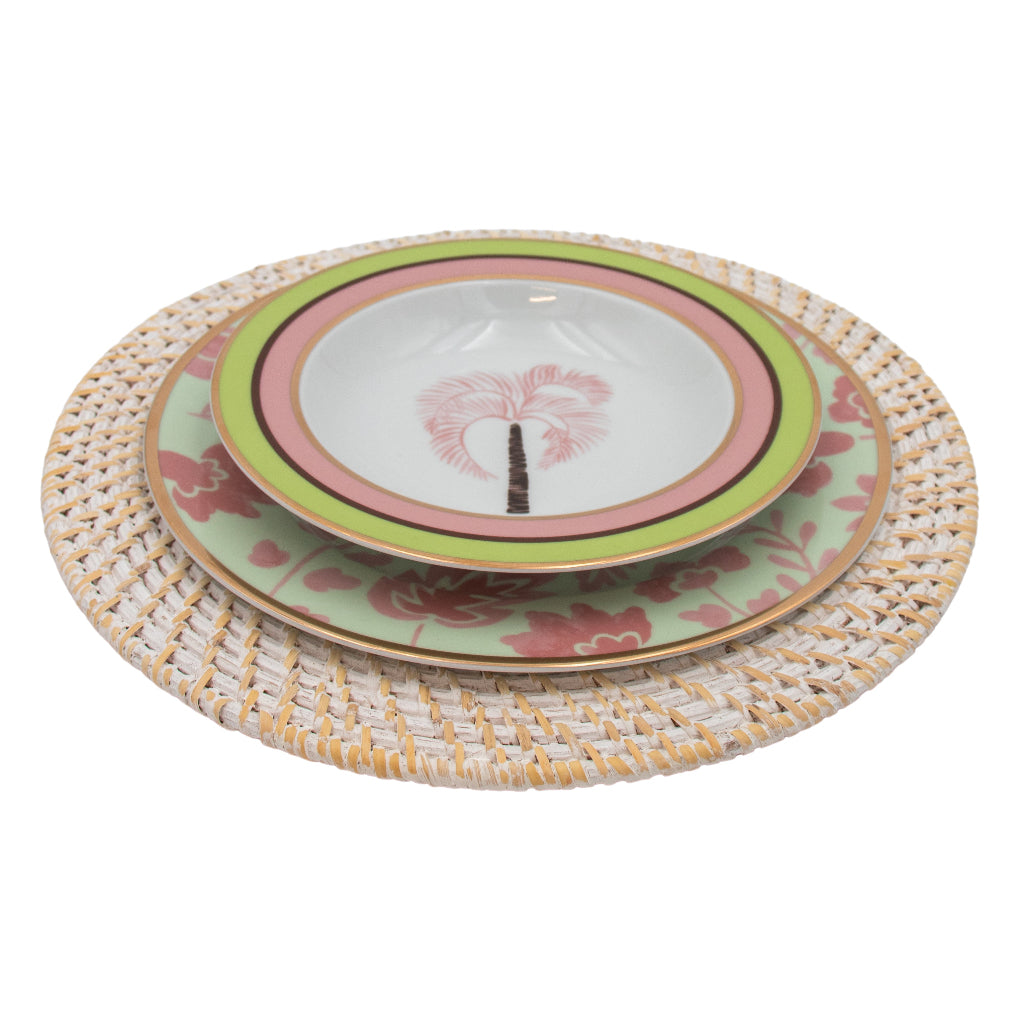 White Rattan Charger arranged with complementary tableware and decor - Ro'Table NYC