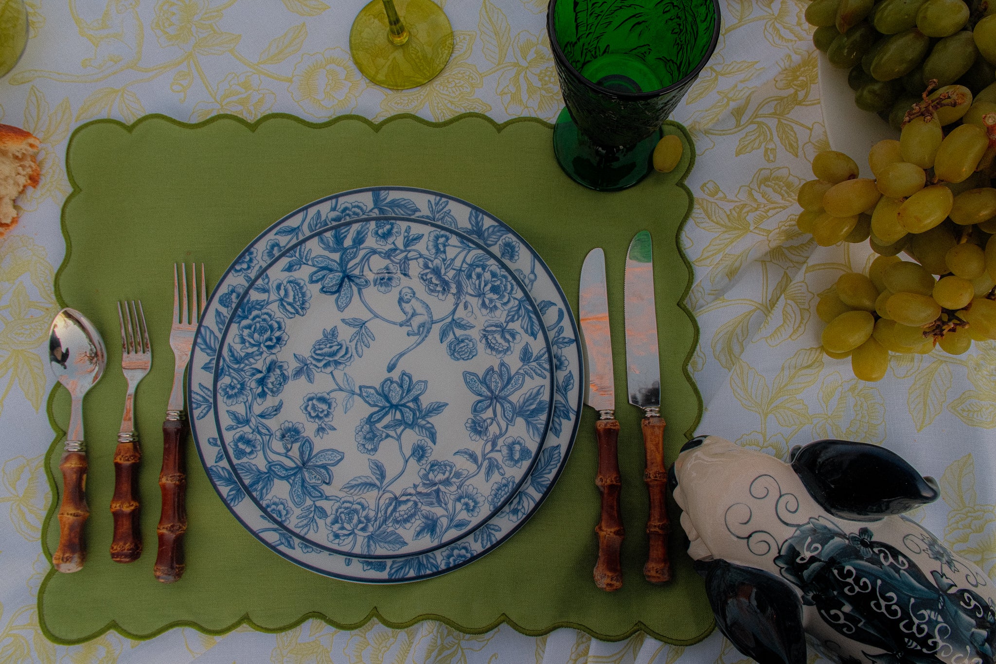 Ro'table Design Floral Blue Plate with Hidden Monkey Table Setting