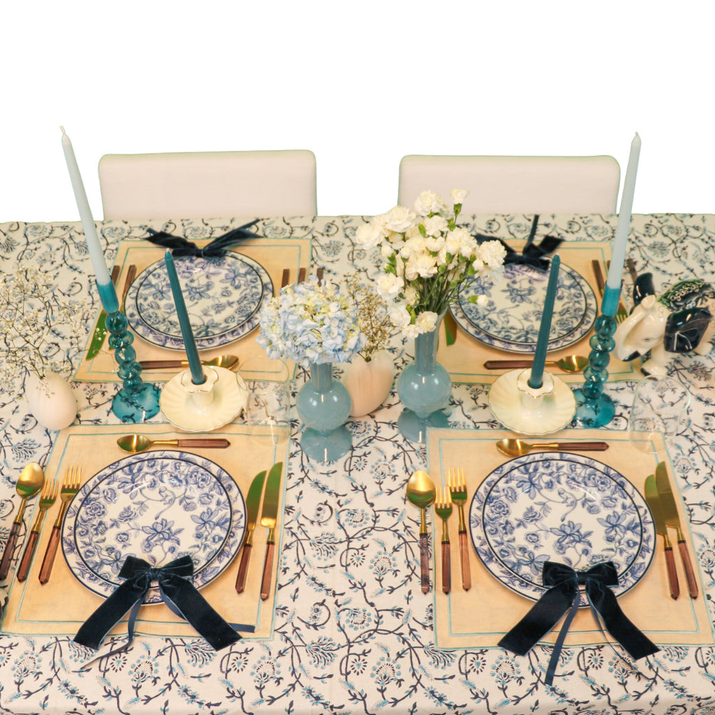 100% Organic Cotton - Eleanor Royal Blue Tablecloth styled in a curated Shimla Social collection tablescape - Ro'Table NYC