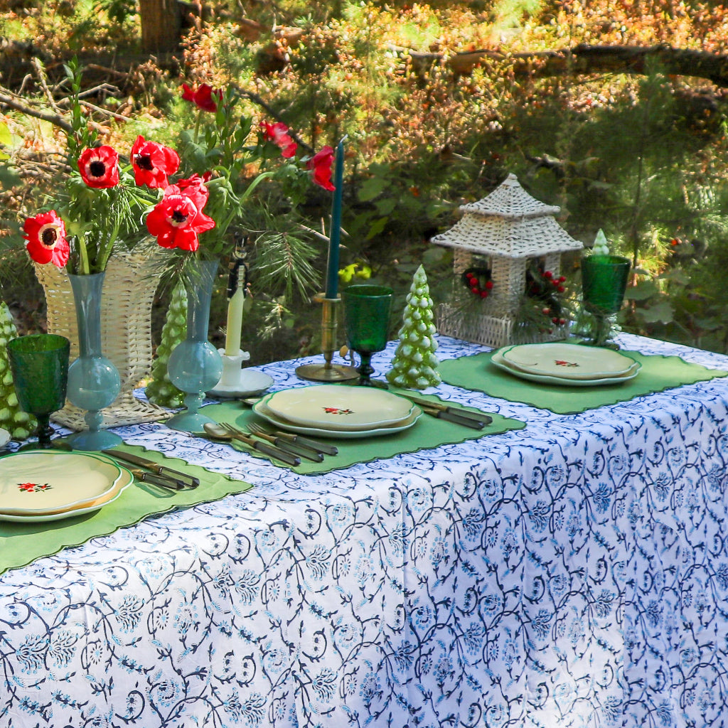 100% Organic Cotton - Eleanor Royal Blue Tablecloth side view highlighting artisan linen craftsmanship - Ro'Table NYC