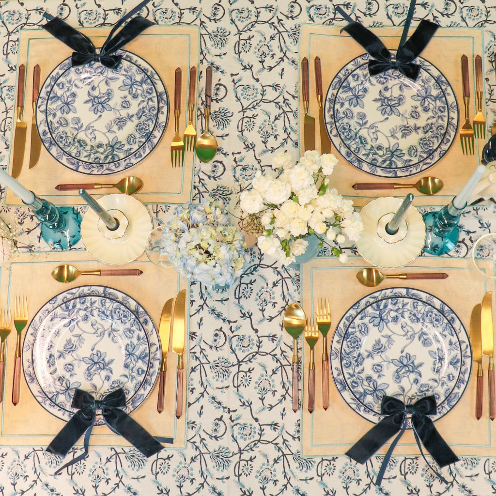 100% Organic Cotton - Eleanor Royal Blue Tablecloth with hand-printed pattern across the fabric - premium tablecloth by Ro'Table NYC