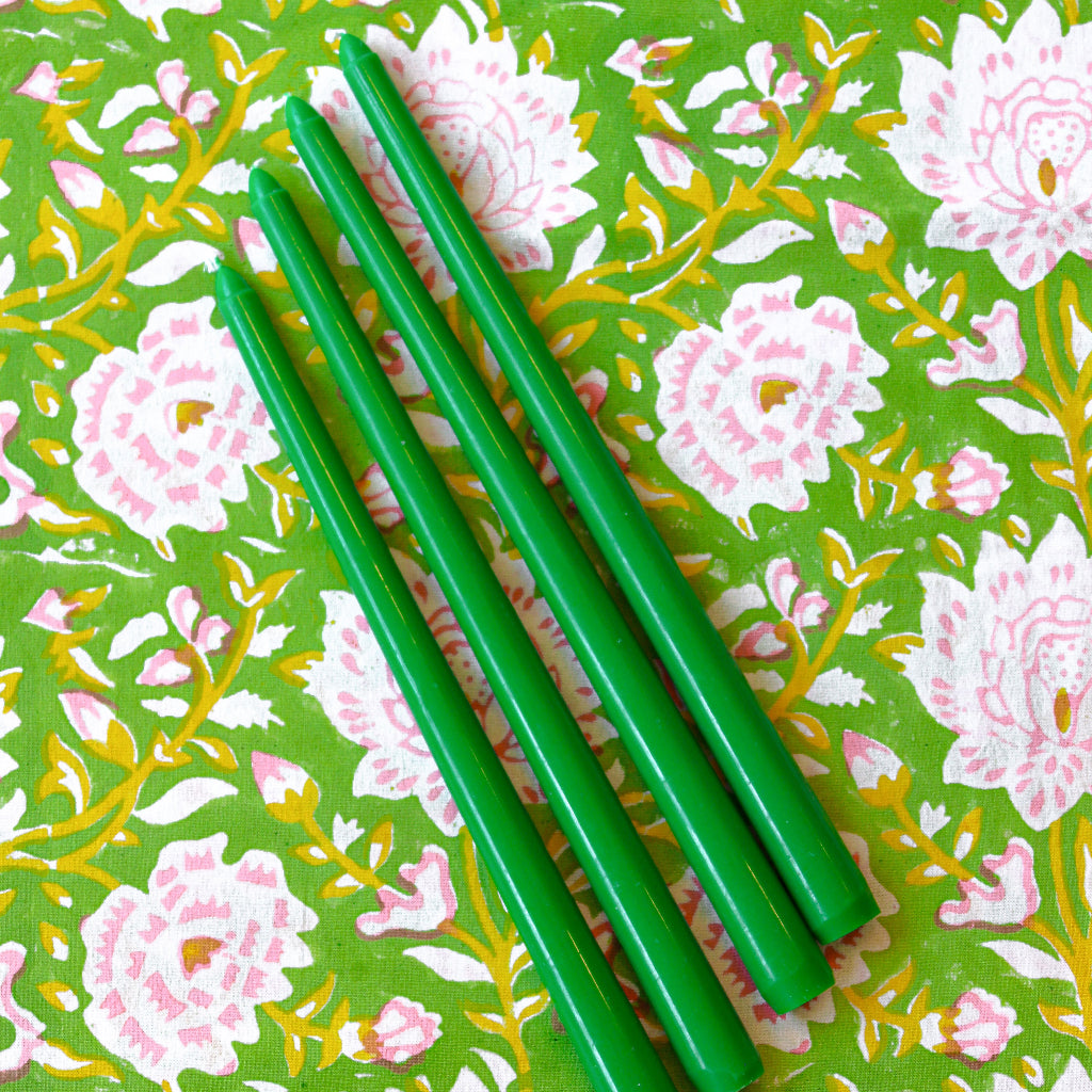 Extra Tall Grass Green Taper Candle close-up showing artisan wax craftsmanship - Ro'Table NYC