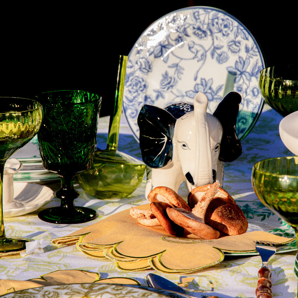 Hand-painted Ceramic Embera and Nyala Elephants - Pair shown with full place setting for scale - luxury table decoration by Ro'Table NYC