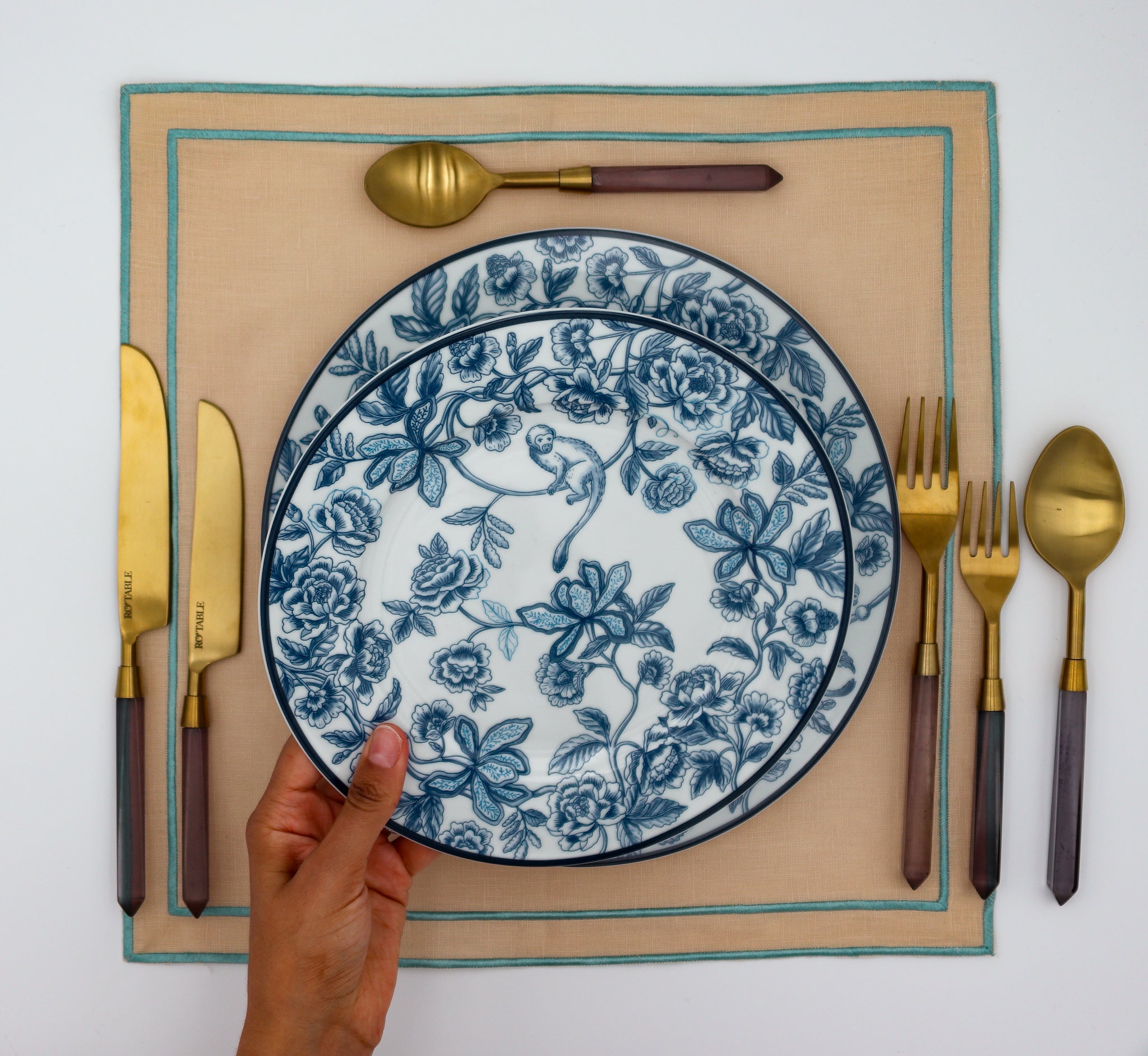 Ro'table Design Floral Blue Plate with Hidden Monkey