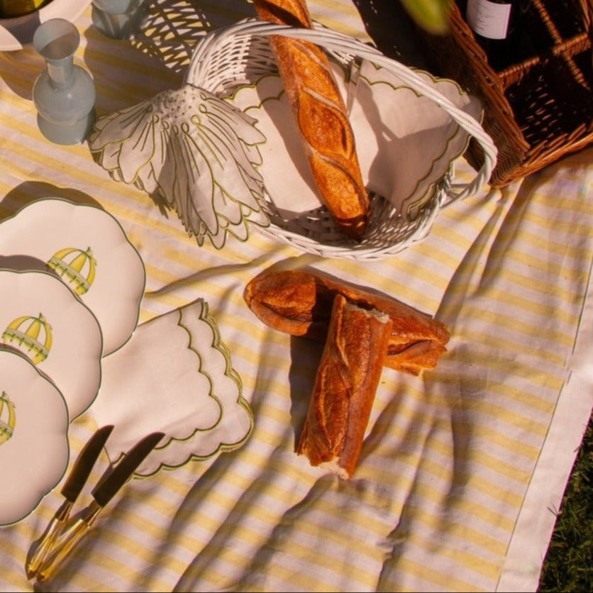 French Valensole Picnic with Yellow and White Tablelcoth in Linen, hot air balloon plates scalloped edging