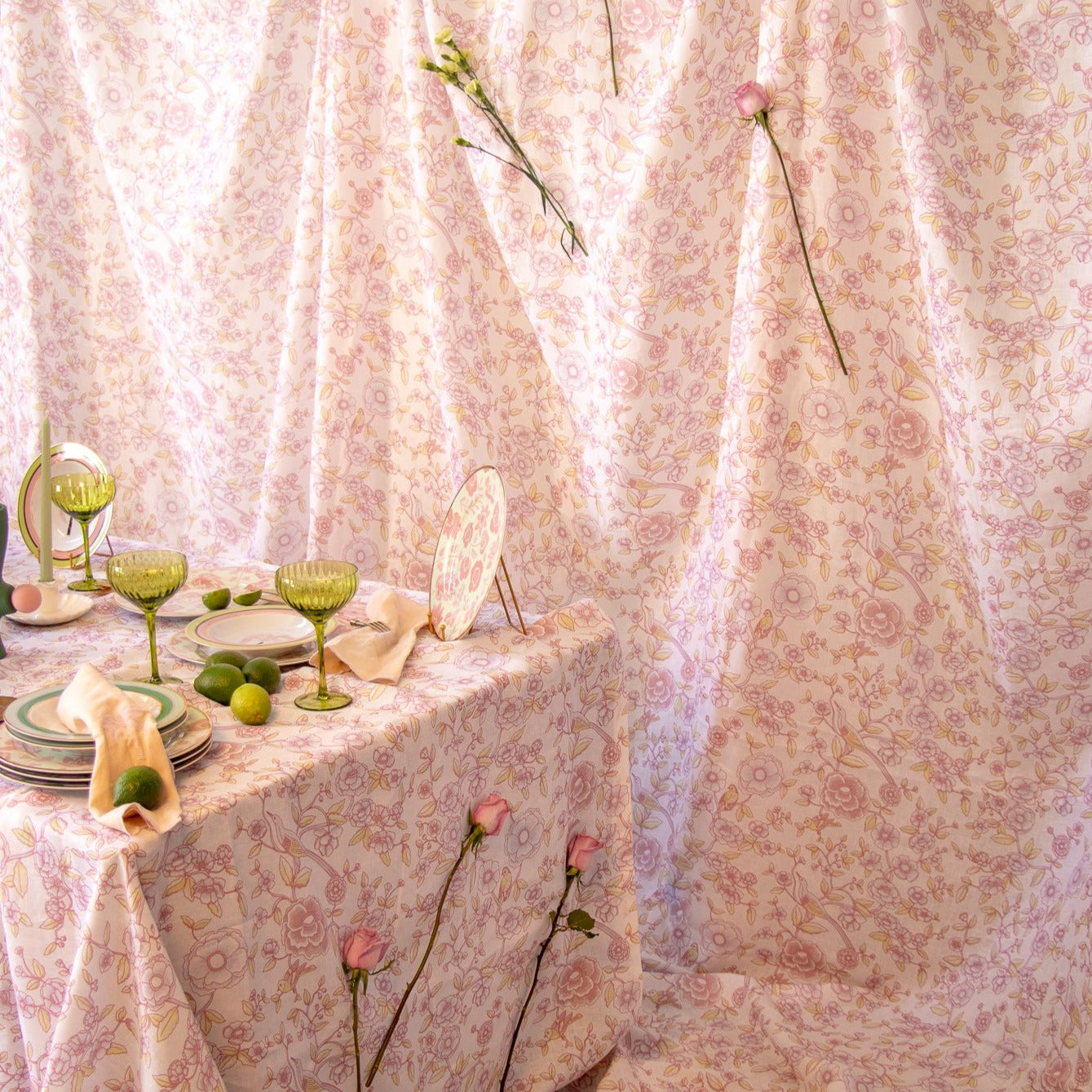 Dreamy Table Linen Pastel Rose & Soft Lilac Floral Songbird Table Linen