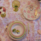 Palm and Leaf Dinner Plates on a Pastel Rose & Soft Lilac Floral Songbird Table Linen 