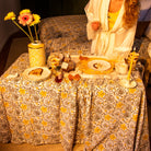 Organic Cotton Tablecloth with Hand-Printed Sun-Kissed Blossoms & fern patterns, 60's summer of love