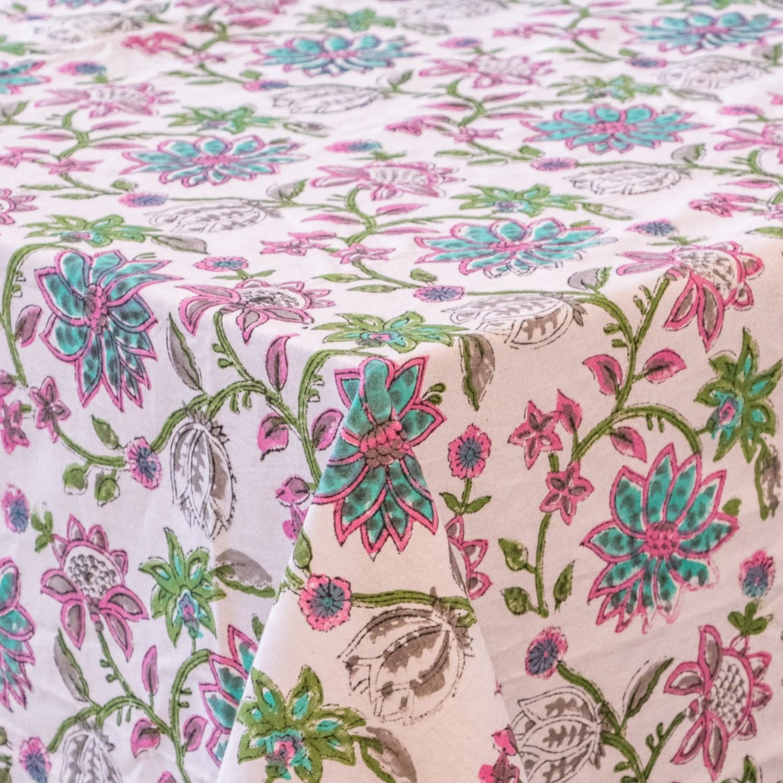 Organic Cotton Tablecloth, With Lush Teal Blossoms and delicate pinks - reminiscent of a thriving garden