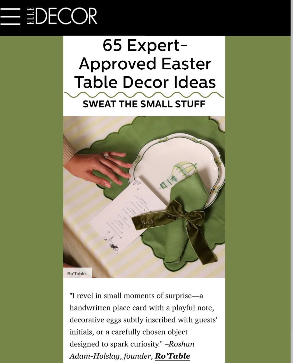 Elle Decor Easter table decor feature with Ro'Table NYC founder quote and luxury green tablescape with scalloped plate setting