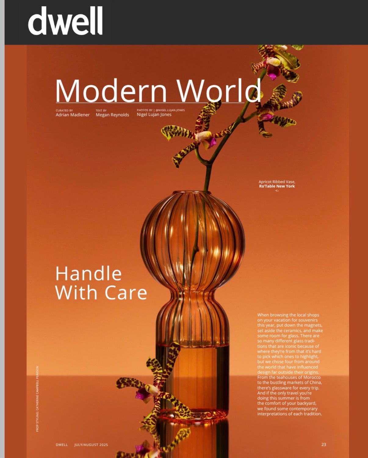 Dwell magazine feature of Ro'Table NYC Apricot Ribbed Vase in Modern World Handle With Care glassware editorial