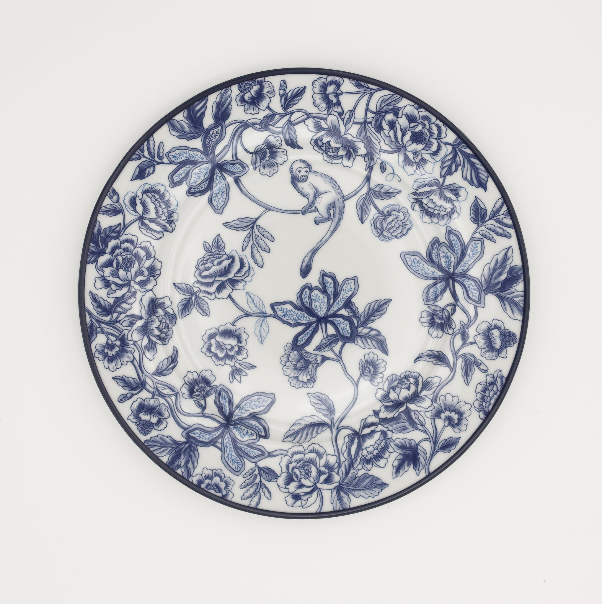 Blue Floral Plate with Blue Rim