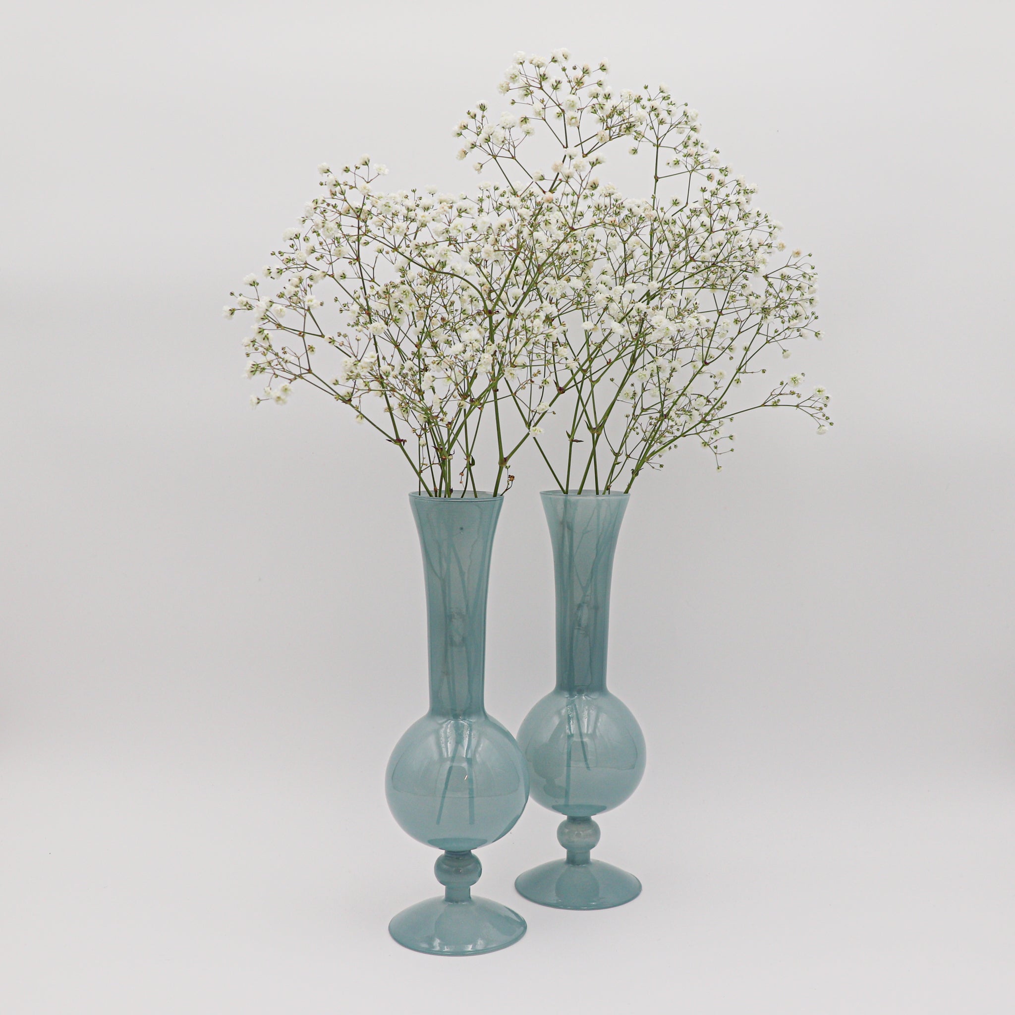 Blue Frosted Vases with white or blush-pink blooms