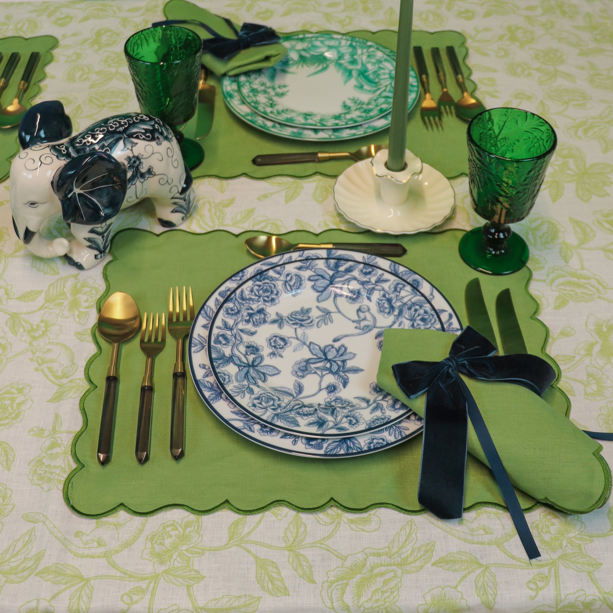 Blue and Green Dinnerware Table Setting 