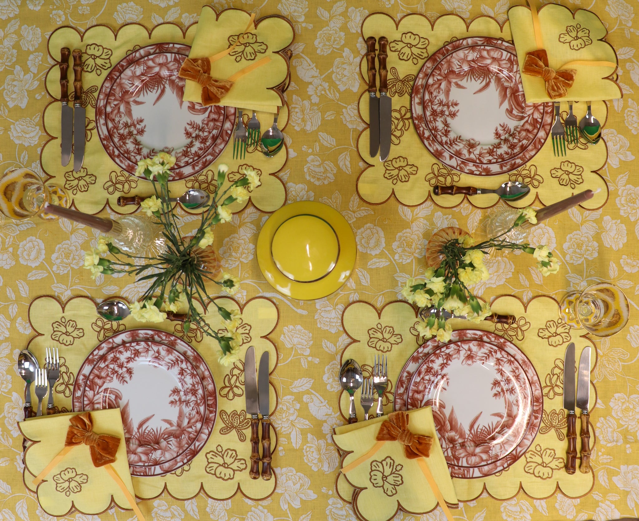 Tablescape in earthy browns with Marigold tablecloth in linen. Hidden monkeys and tigers