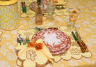 Dinner Plate in brown with Marigold tablecloth in linen. Hidden monkeys and tigers