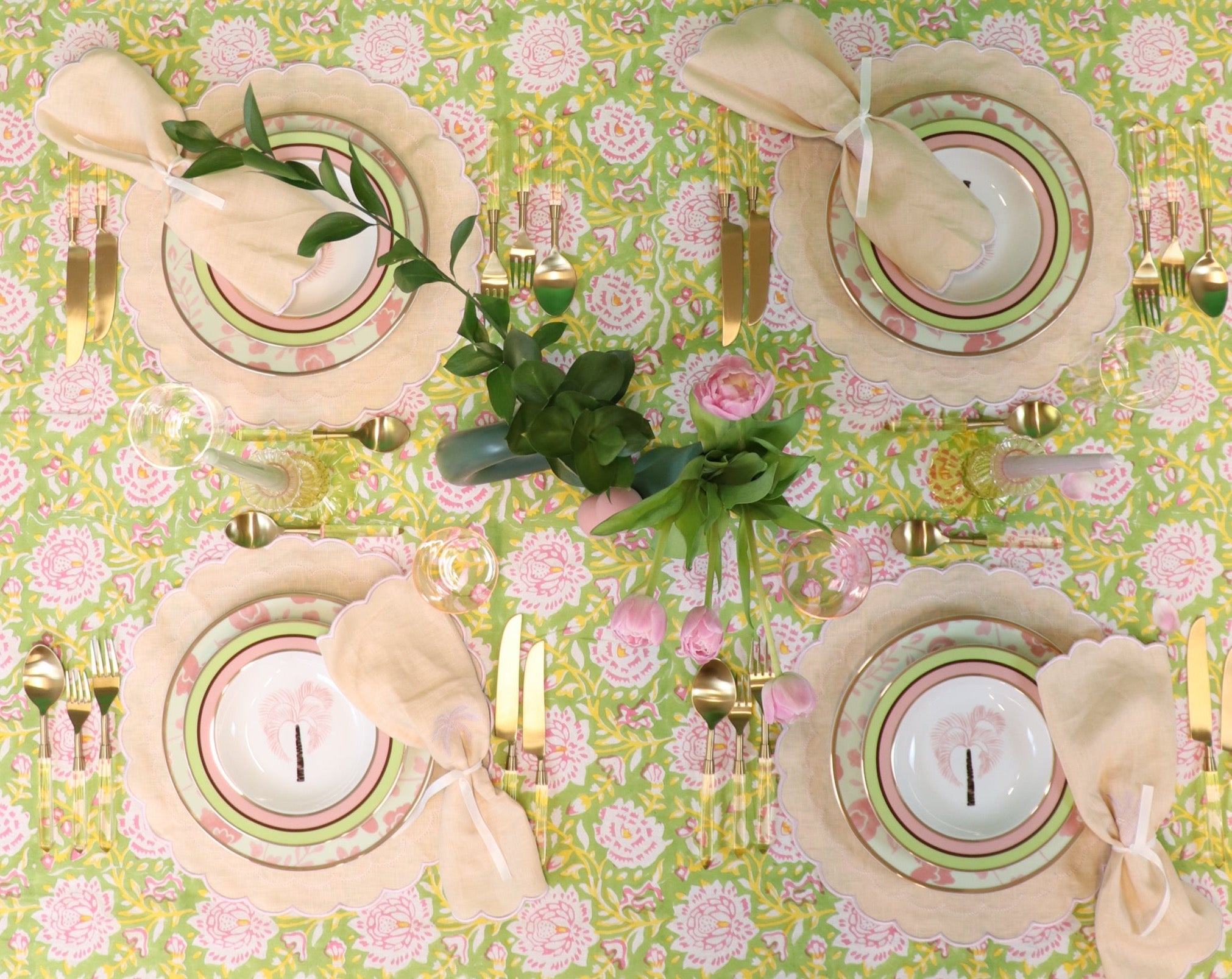 Venetian maximalist Green and Pink Tablecloth in Organic Cotton