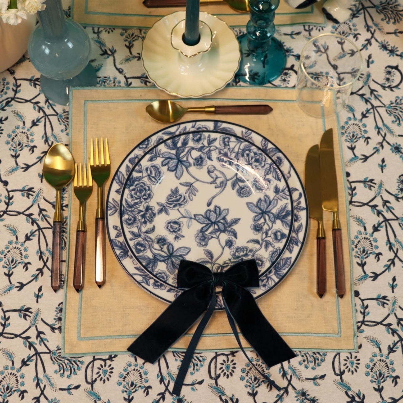  Chinoiserie Blue Blockprint Tablecloth in Organic Cotton with a Matching Blue Floral Dinner Plate Set and Matching Cutlery