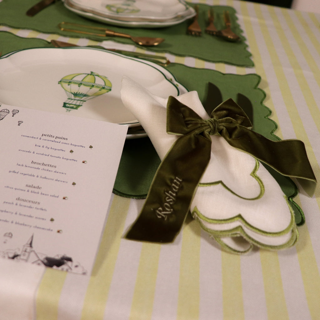 Large Forest Green Velvet Napkin Bow Tie displayed as a complete set for luxury entertaining - Ro'Table NYC