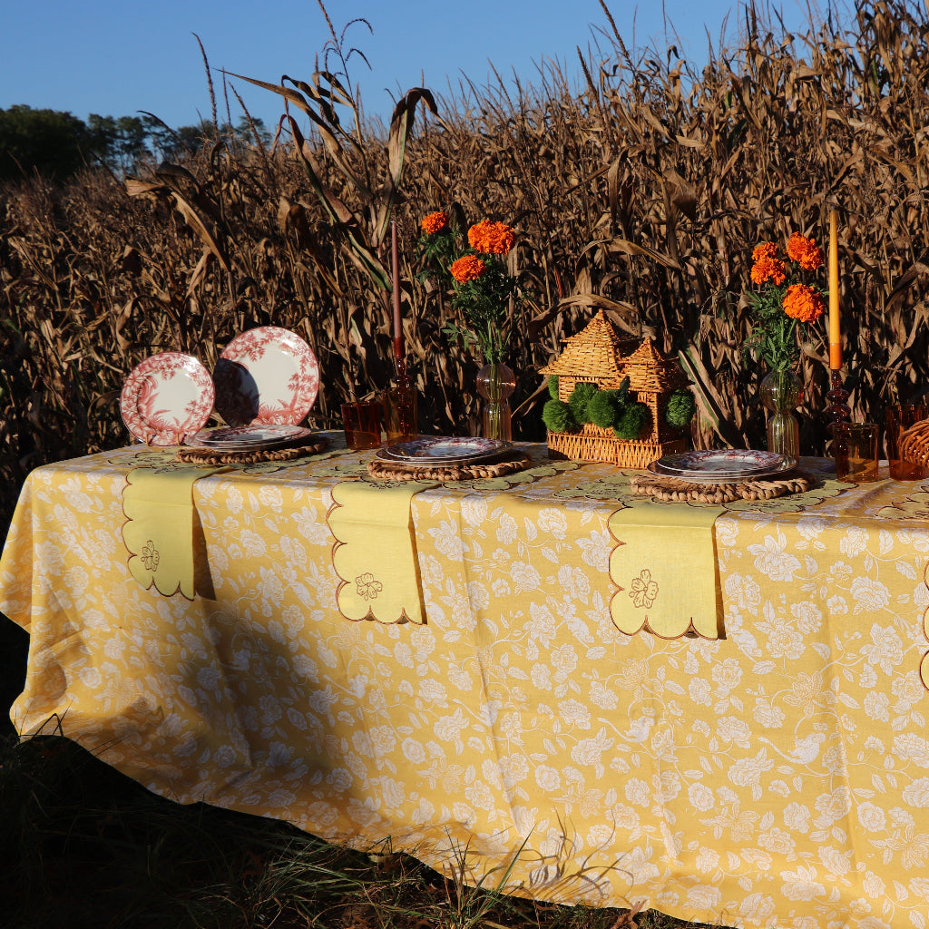 Marigold Flora Parlour Tablecloth styled in a curated Shimla Social collection tablescape - Ro'Table NYC