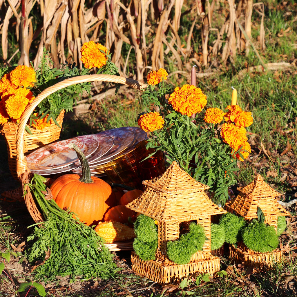 Natural Rattan Pagoda Lantern Set - 1 Large & 1 Small arranged with complementary tableware and decor - Ro'Table NYC
